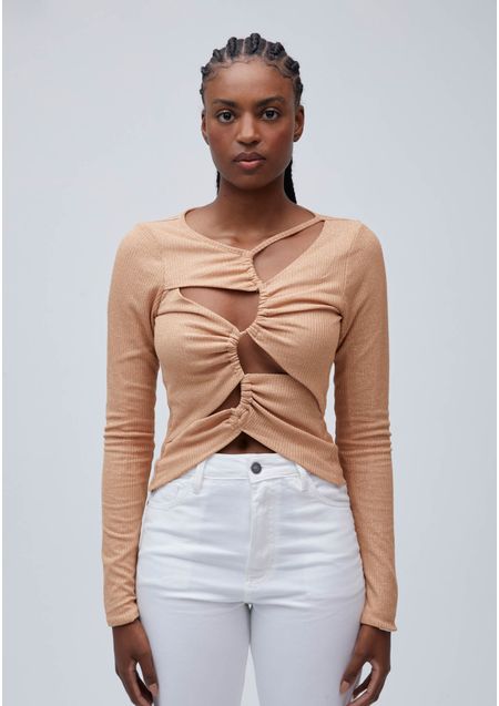 Blusa Com Recortes Vazados Bege