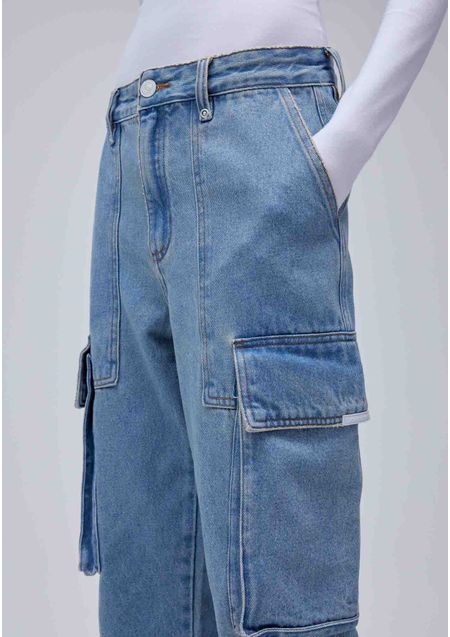 Calça Jeans Reta Long Bolso Cargo Azul