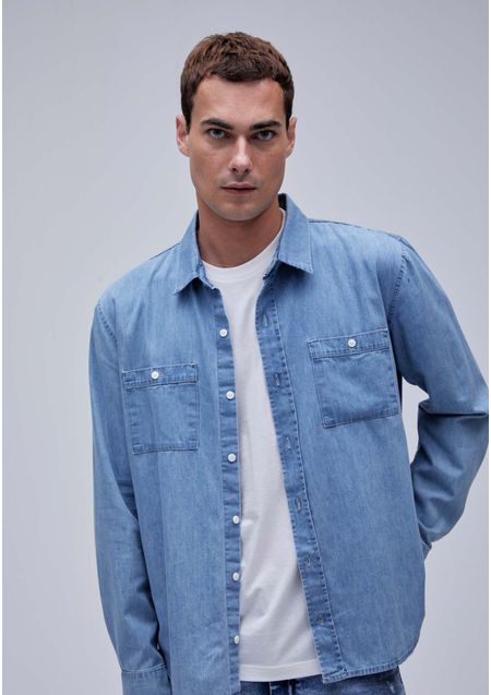 Camisa Jeans Manga Longa Azul
